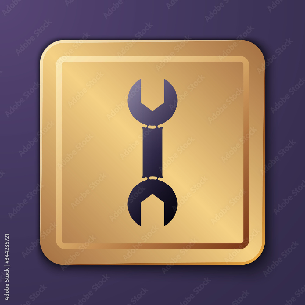 Purple Wrench spanner icon isolated on purple background. Gold square button. Vector Illustration