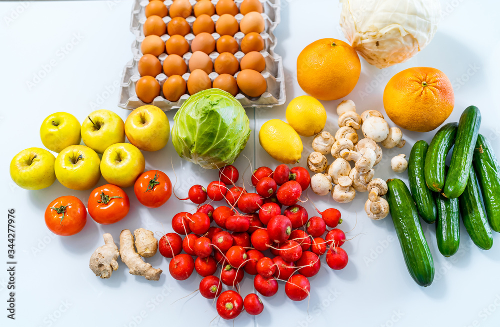 Top view of mixed vegetables. Reddish in front. Organic food concept. Stay healthy. Fresh products c