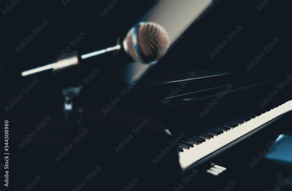 Piano music background.3d illustration.Close up image of microphone and grand piano.Jazz and relaxin