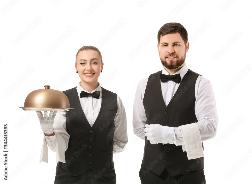 Male and female waiters on white background