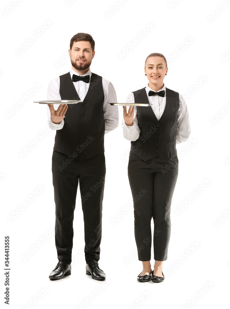 Male and female waiters on white background