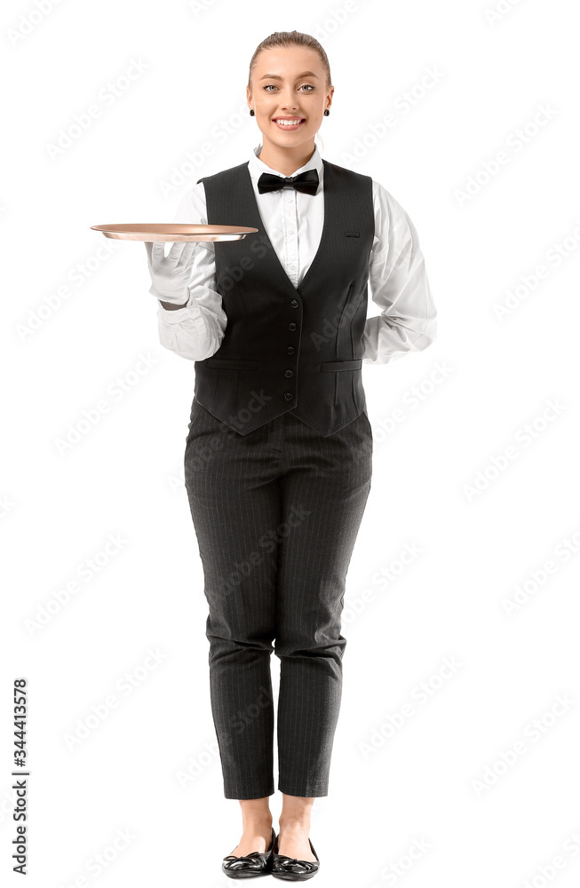 Beautiful female waiter on white background