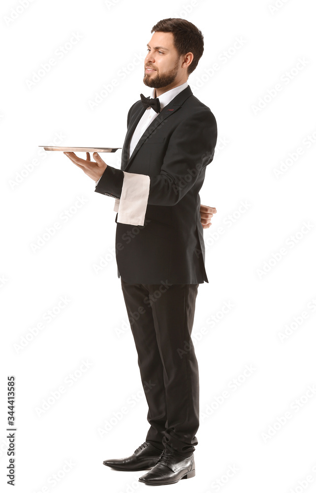 Handsome male waiter on white background