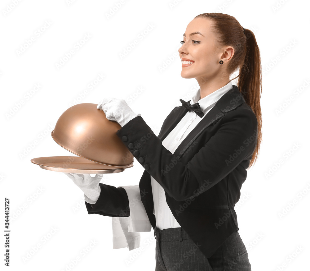 Beautiful female waiter on white background