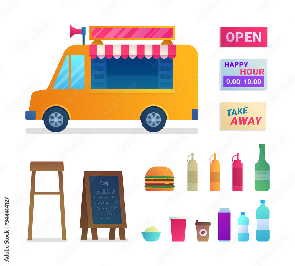 Food truck trade isolated icons set. Street food catering service with take away fast food. Signboar