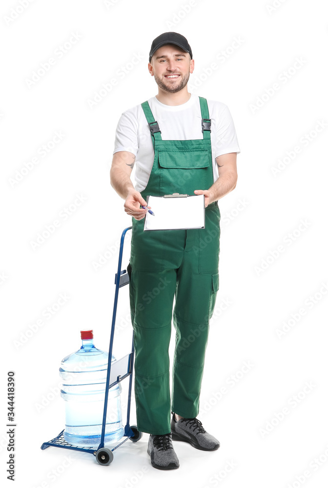 Delivery man with bottle of water on white background