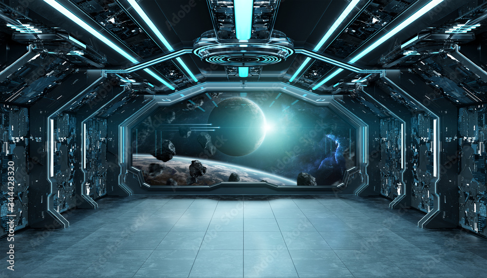 Dark blue spaceship futuristic interior with window view on space and planets 3d rendering