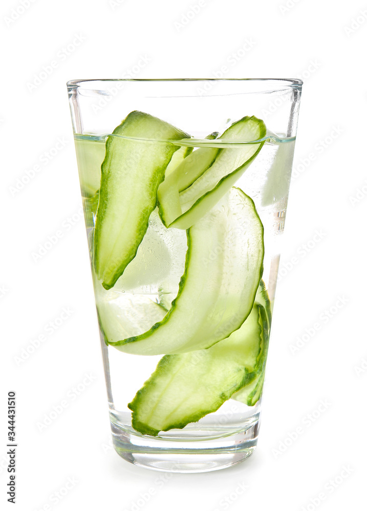 Glass of cucumber infused water on white background