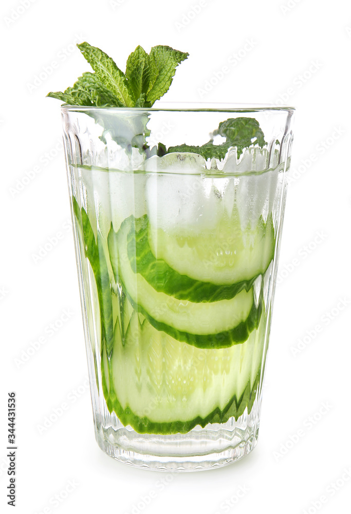 Glass of cucumber infused water on white background