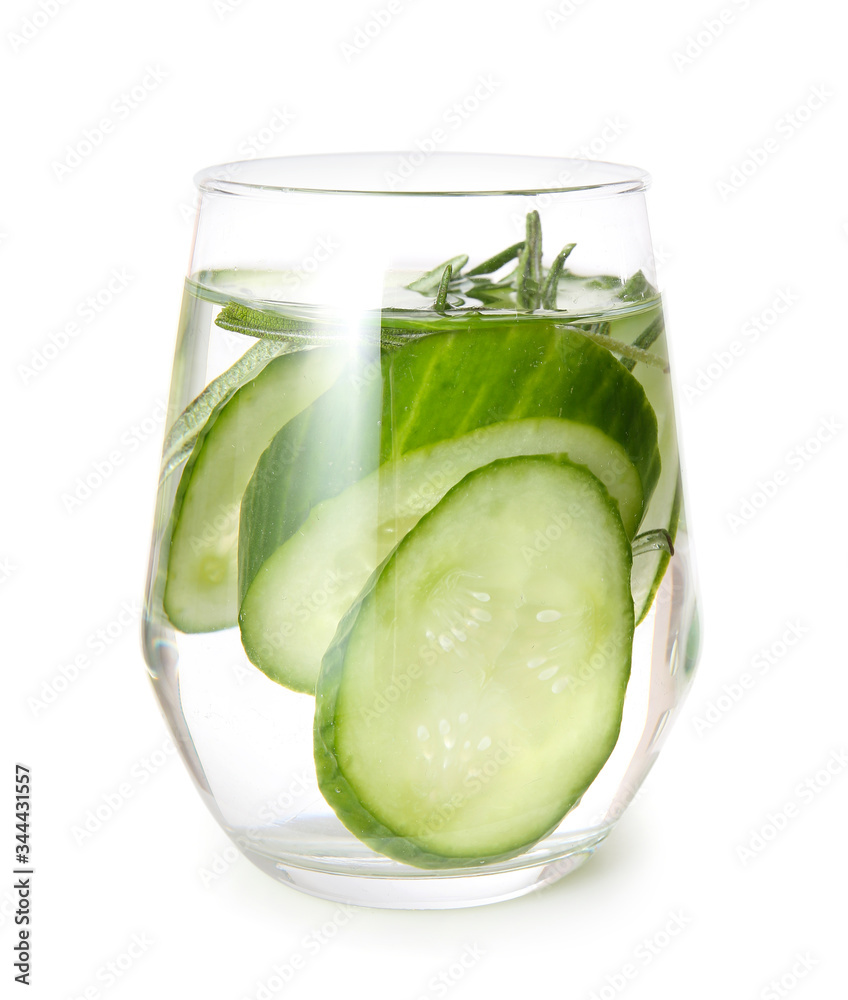 Glass of cucumber infused water on white background