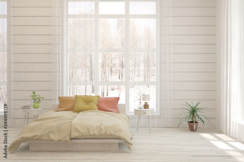 White bedroom interior. Scandinavian design. 3D illustration