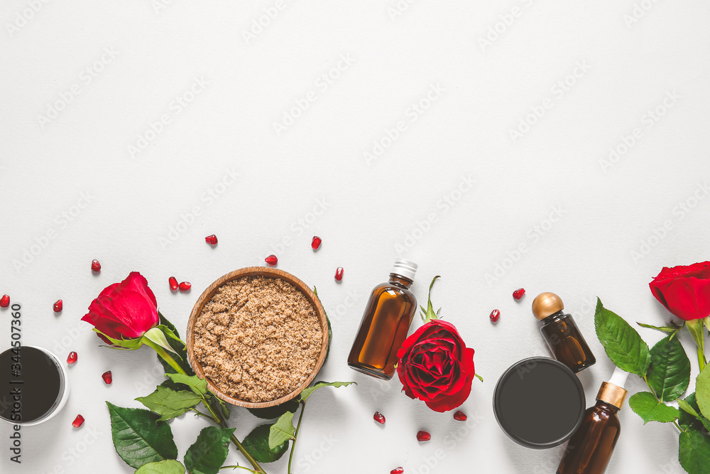 Natural cosmetics with ingredients on white background