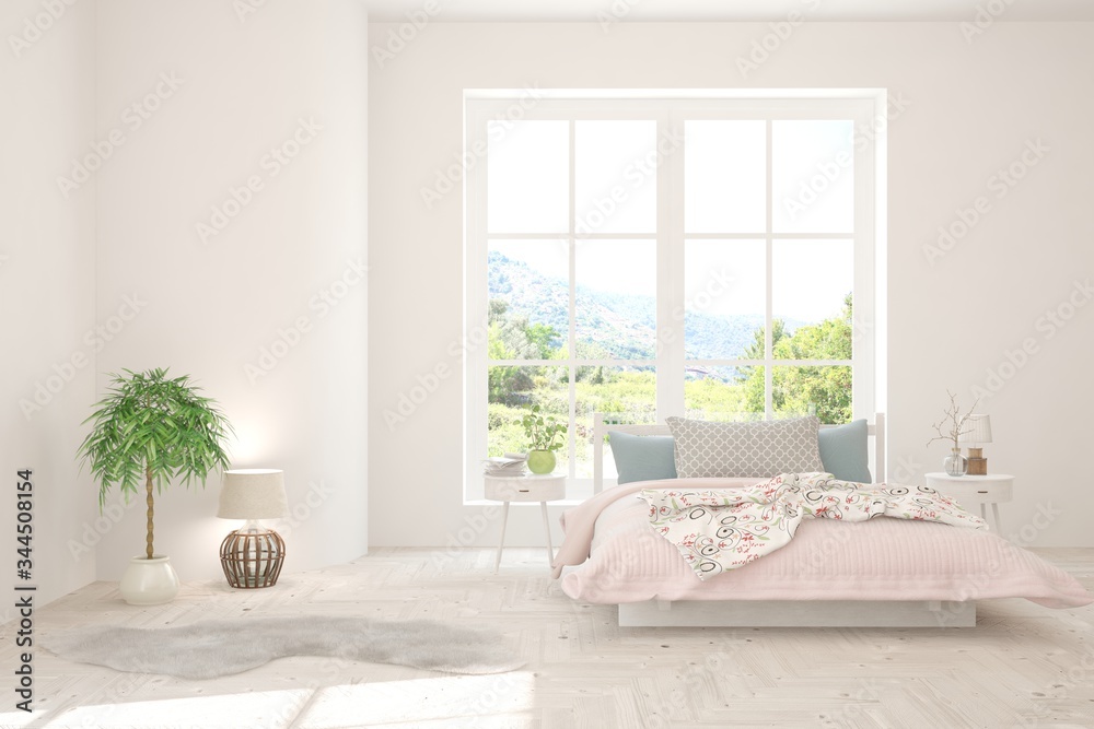 Stylish bedroom in white color with summer landscape in window. Scandinavian interior design. 3D ill