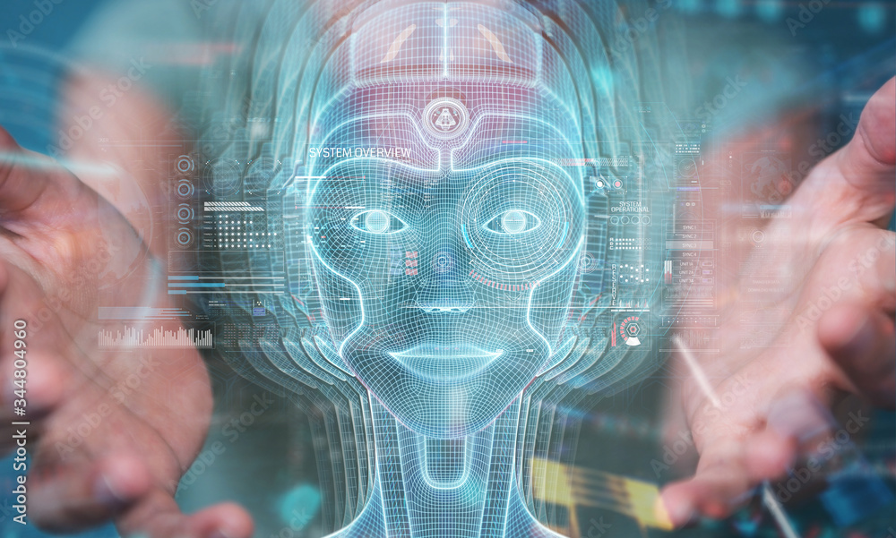 Woman using digital artificial intelligence head interface 3D rendering