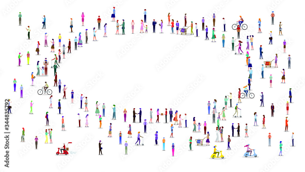 A large group of people stand together in the shape of chat bubble. Vector illustration.