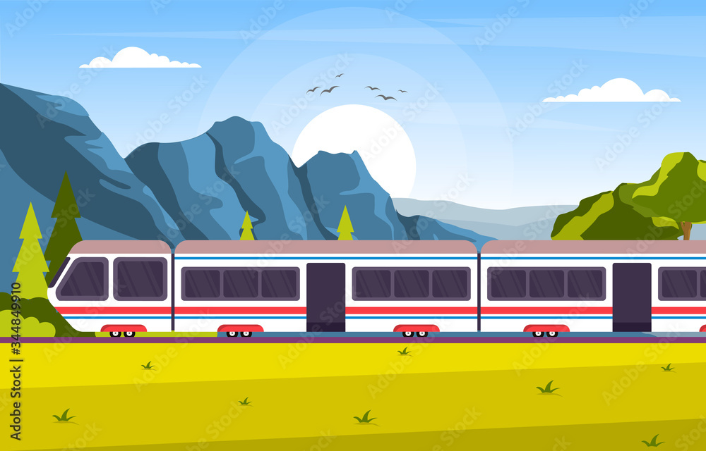 Railway Railroad Side Public Transport Commuter Metro Train Landscape Illustration