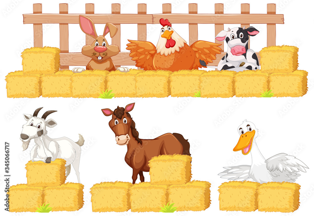 Set of farm animals and hay on white background