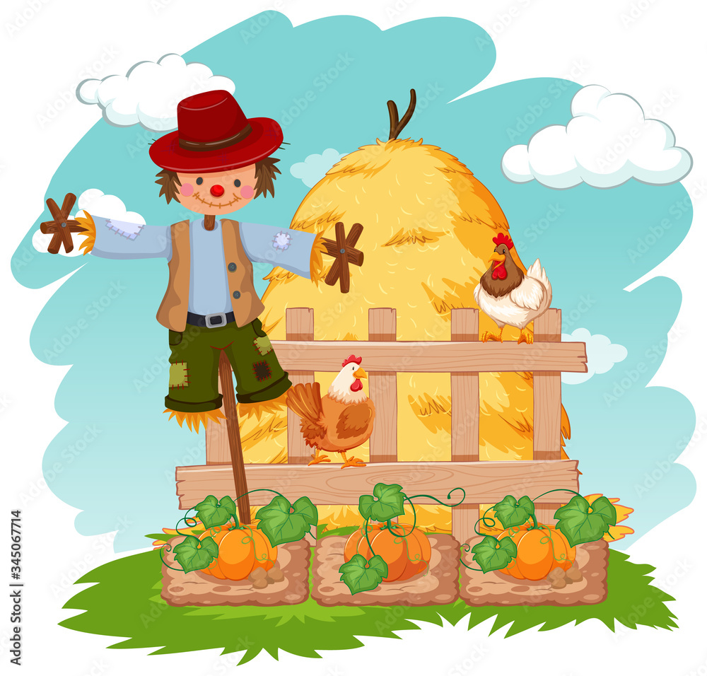 Scene with scarecrow and chickens on the farm