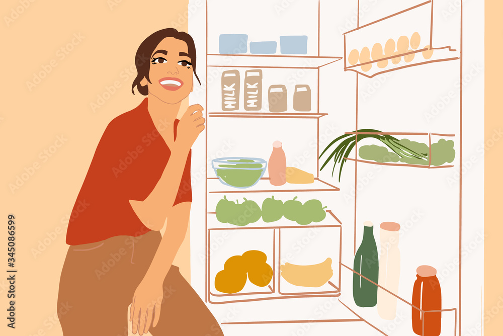 Illustration of a woman near the fridge full of healthy food