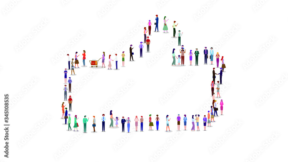 A large group of people in the shape of thumbs up. Like symbol. Vector illustration. Isolated, white