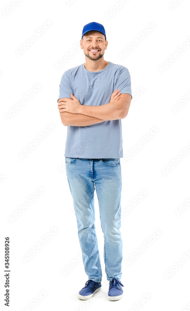 Male truck driver on white background