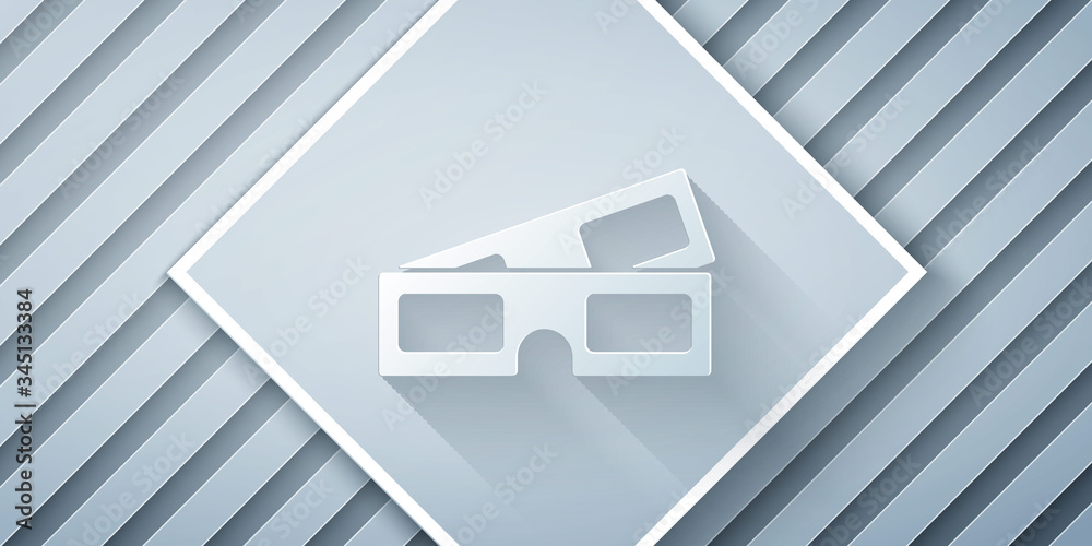 Paper cut 3D cinema glasses icon isolated on grey background. Paper art style. Vector Illustration