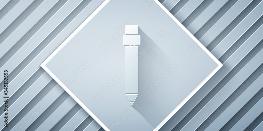 Paper cut Pencil with eraser icon isolated on grey background. Drawing and educational tools. School