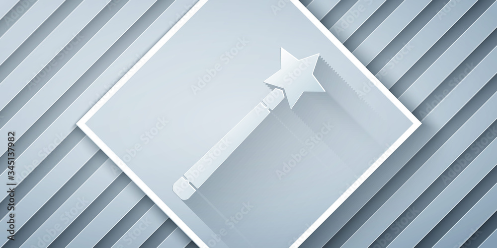 Paper cut Magic wand icon isolated on grey background. Star shape magic accessory. Magical power. Pa