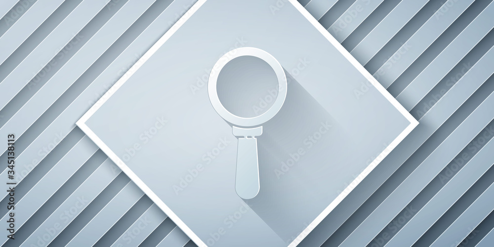 Paper cut Magnifying glass icon isolated on grey background. Search, focus, zoom, business symbol. P