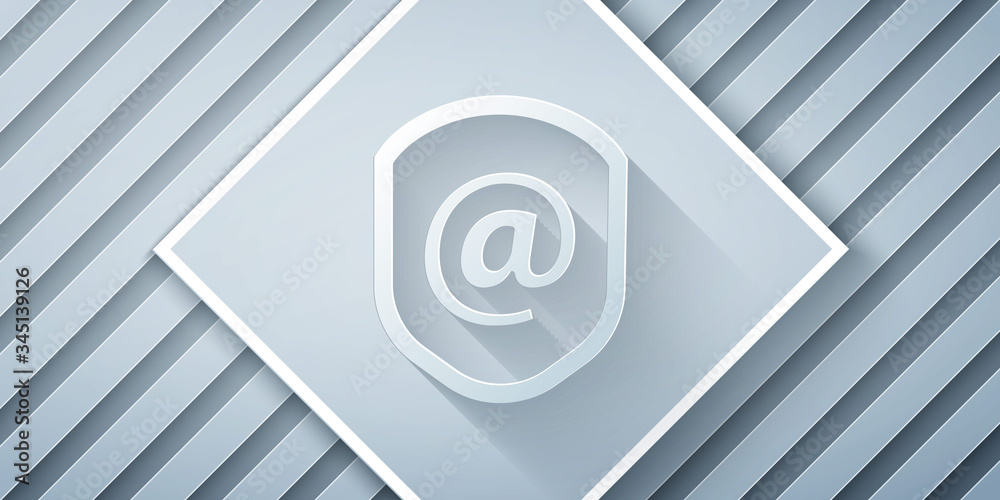 Paper cut Shield with mail and e-mail icon isolated on grey background. Guard sign. Security, safety