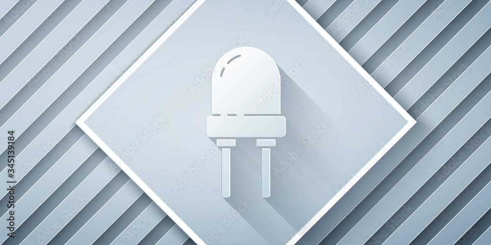 Paper cut Light emitting diode icon isolated on grey background. Semiconductor diode electrical comp