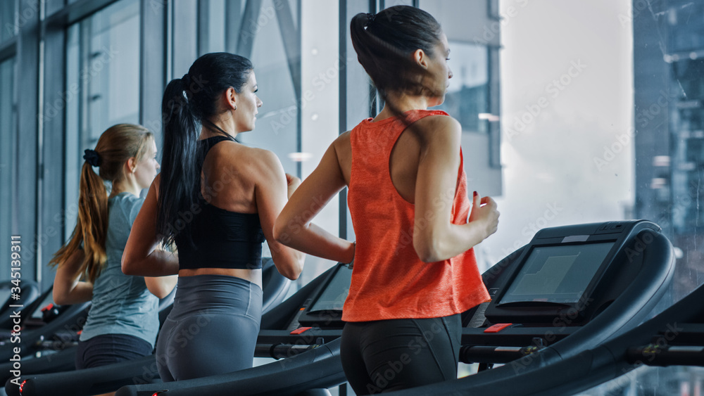 Athletic People Running on Treadmills, Doing Fitness Exercise. Athletic and Muscular Women and Men A