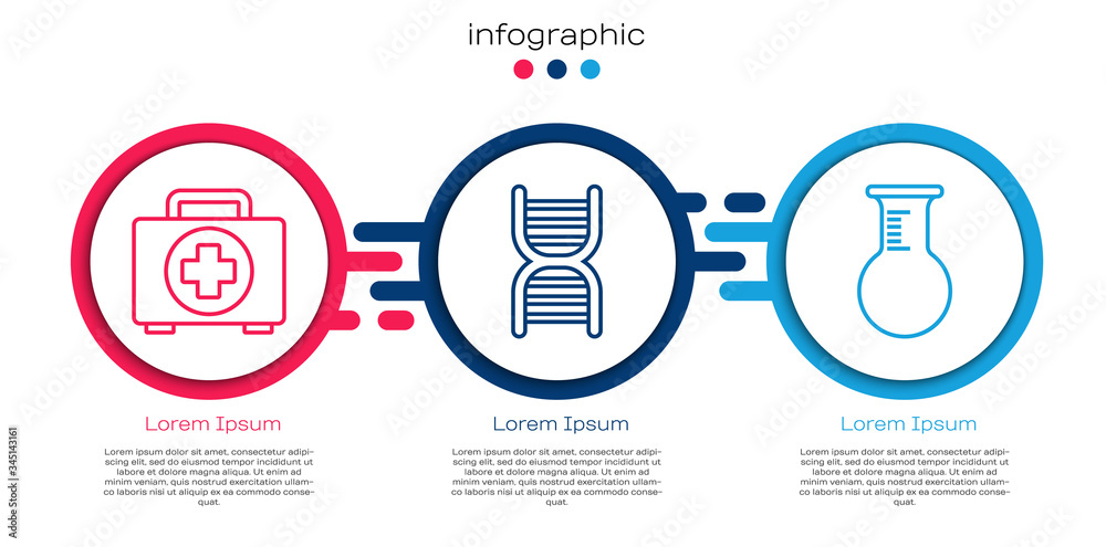 设置线急救箱、DNA符号、试管和烧瓶。商业信息图模板。矢量