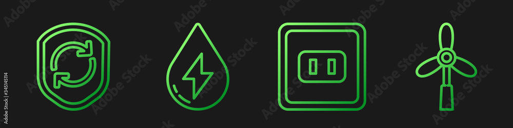 Set line Electrical outlet, Recycle symbol inside shield, Water energy and Wind turbine. Gradient co