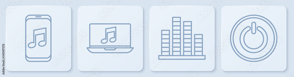 设置线路音乐播放器，音乐均衡器，笔记本电脑，带音符和电源按钮。白色方形按钮