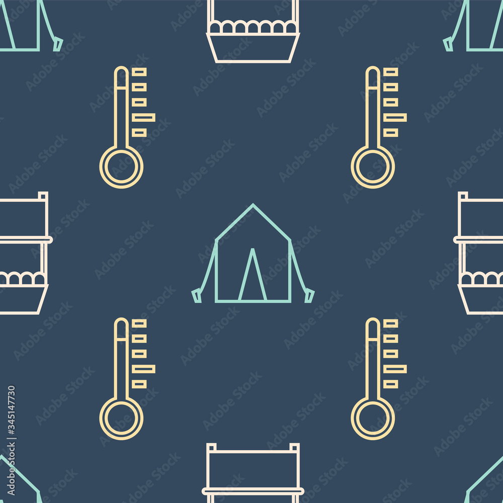 在无缝图案上设置带遮阳篷、气象温度计和旅游帐篷的街头摊位。Vec