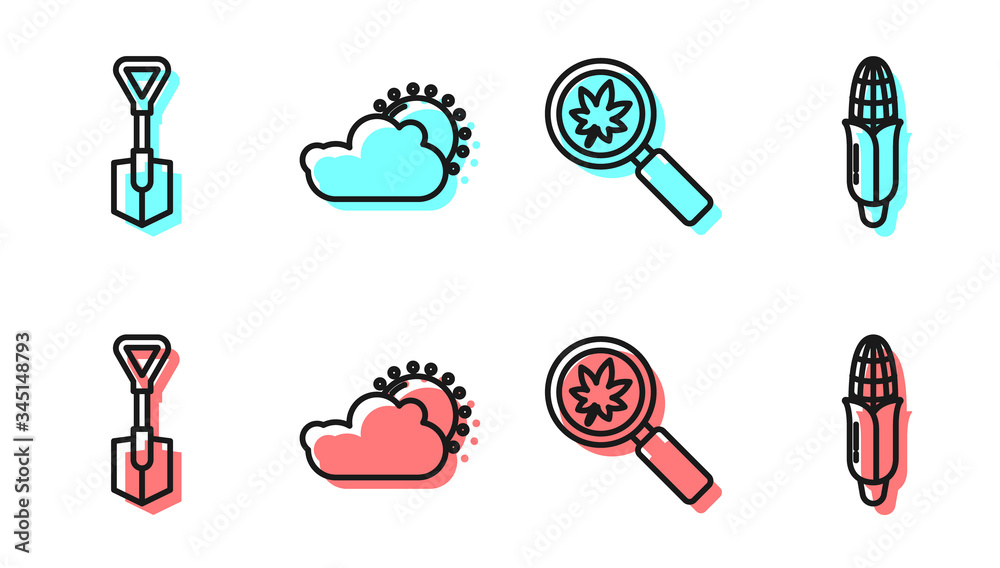 Set line Magnifying glass with leaf, Shovel, Sun and cloud weather and Corn icon. Vector