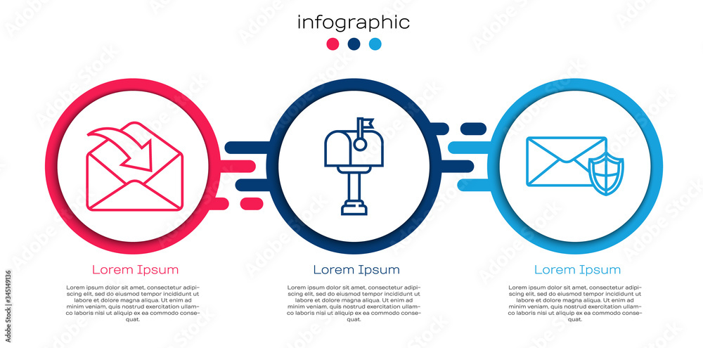 设置行信封、邮箱和带屏蔽的信封。商业信息图模板。矢量