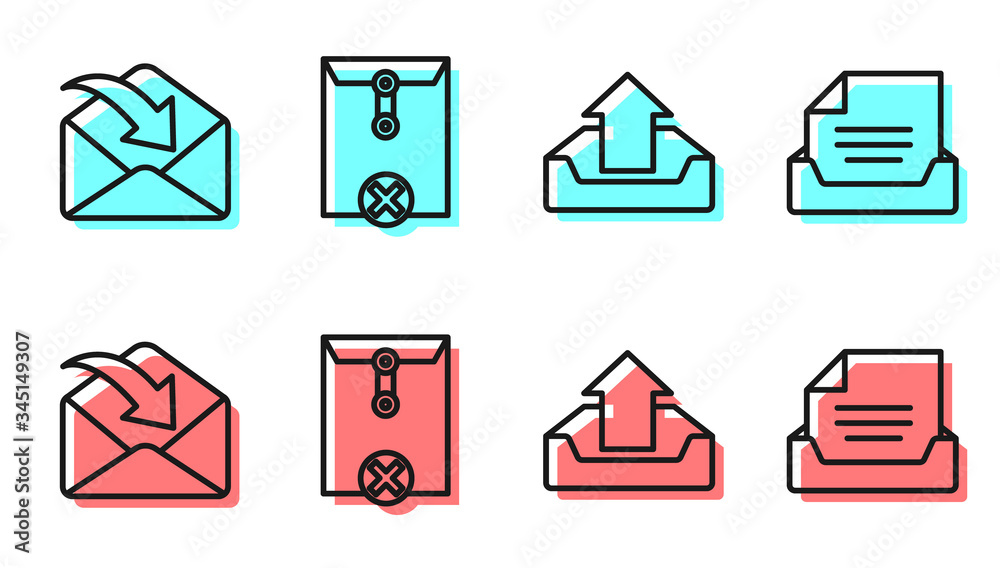 Set line Upload inbox, Envelope, Delete envelope and Drawer with document icon. Vector