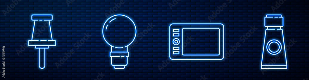 Set line Graphic tablet, Push pin, Light bulb, Tube with paint palette and Picture. Glowing neon ico