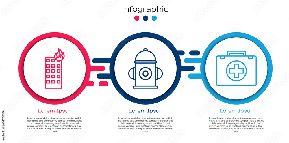在燃烧的建筑物、消防栓和急救箱中设置线路火灾。商业信息图模板。Ve