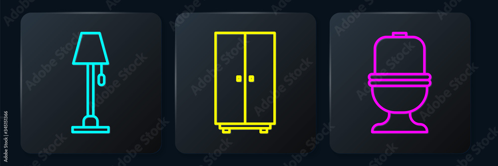 Set line Floor lamp, Toilet bowl and Wardrobe. Black square button. Vector