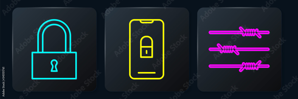 Set line Lock, Barbed wire and Mobile with closed padlock. Black square button. Vector