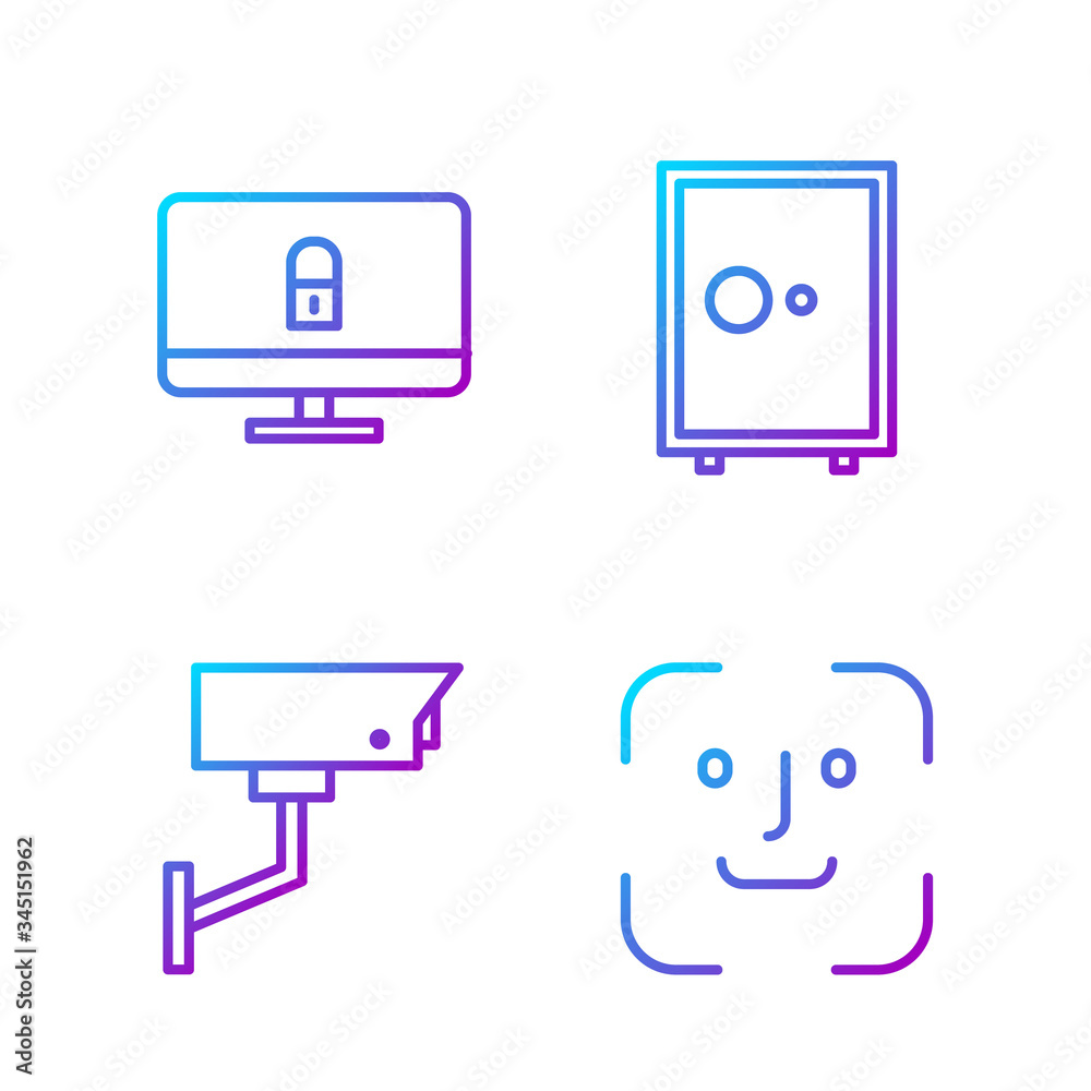 Set line Face recognition, Security camera, Lock on computer monitor and Safe. Gradient color icons.