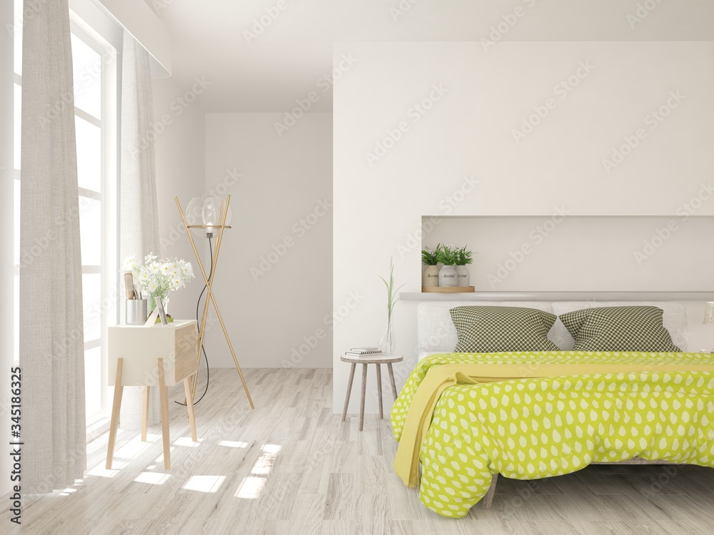 White bedroom interior. Scandinavian design. 3D illustration