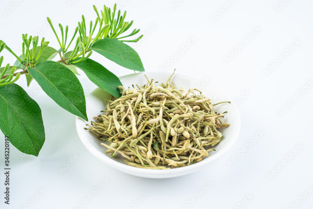 Dried honeysuckle and fresh honeysuckle buds