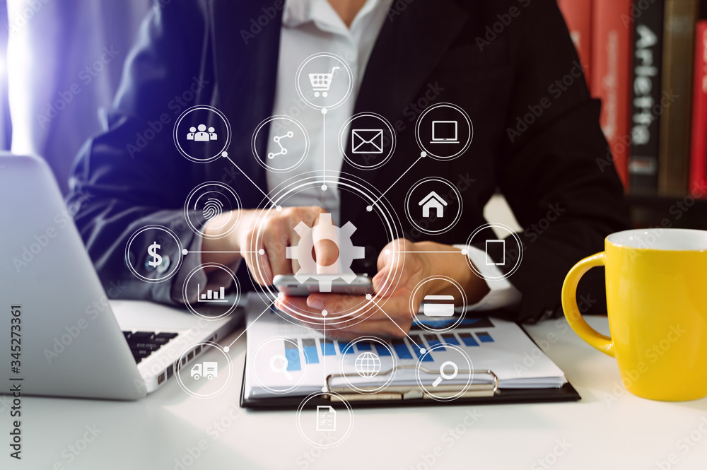 business woman hand working with laptop computer, tablet and smart phone in office with digital mark