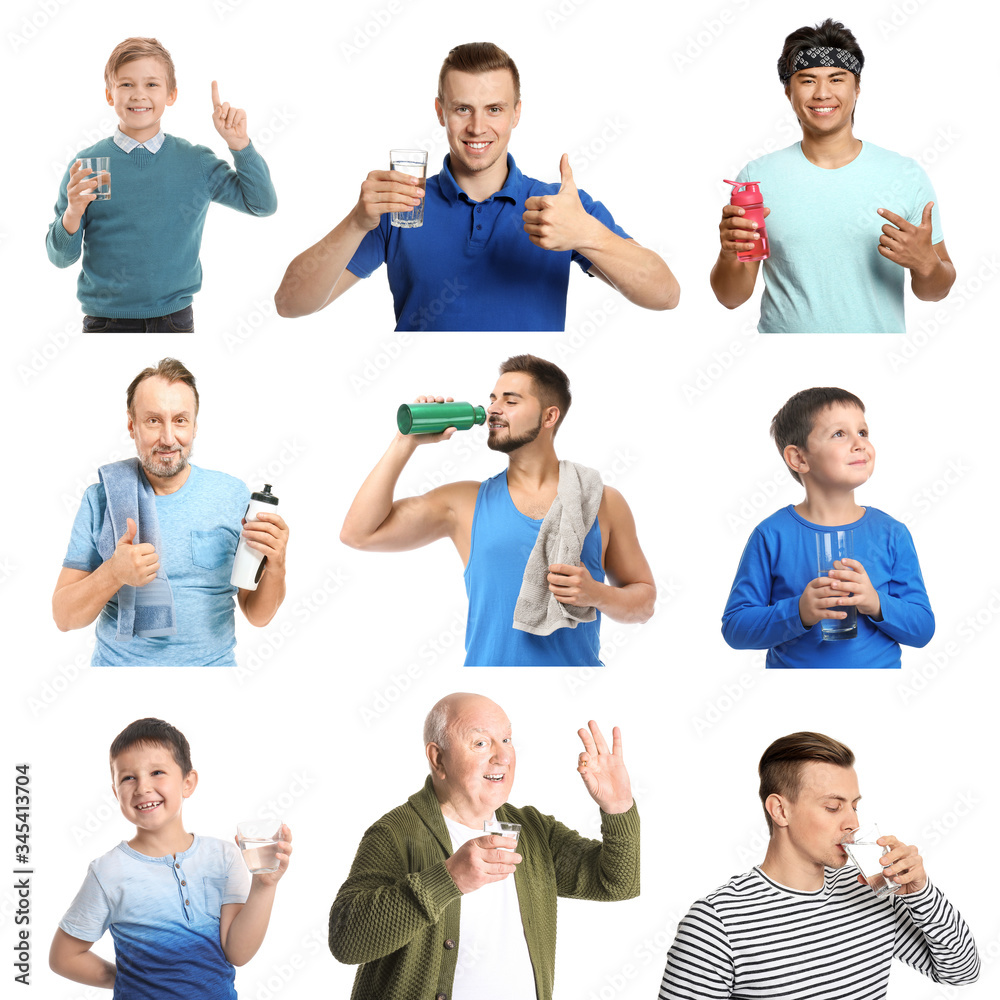 Different people with water on white background