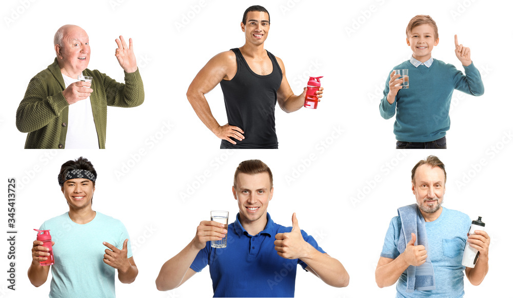 Different people with water on white background