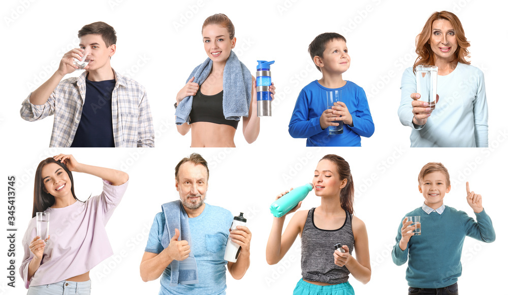 Different people with water on white background